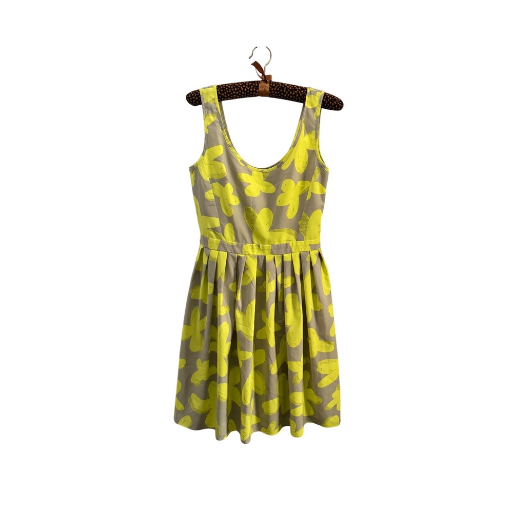 Alex + Alex Neon Yellow Tan Floral Pleated Fit & Flare Dress Size 4 Made‎ in NYC